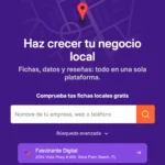 Promoción sobre servicios para potenciar negocios locales, con un formulario para verificar fichas locales, destacando a Fascinante Digital ubicado en West Palm Beach, FL.