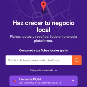 Promoción sobre servicios para potenciar negocios locales, con un formulario para verificar fichas locales, destacando a Fascinante Digital ubicado en West Palm Beach, FL.